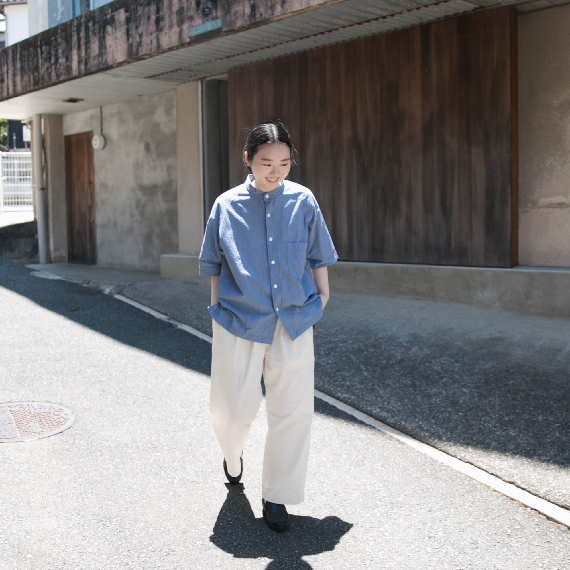 RINEN<br>80/1+50/1強撚平織<br>半袖ラグランスタンドカラーシャツ<br>No.R39608