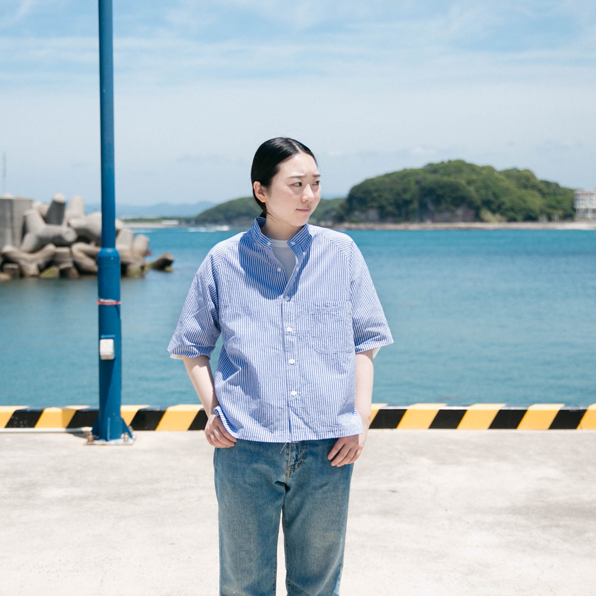 RINEN<br>80/1+50/1強撚平織<br>半袖ラグランスタンドカラーシャツ<br>No.R39608